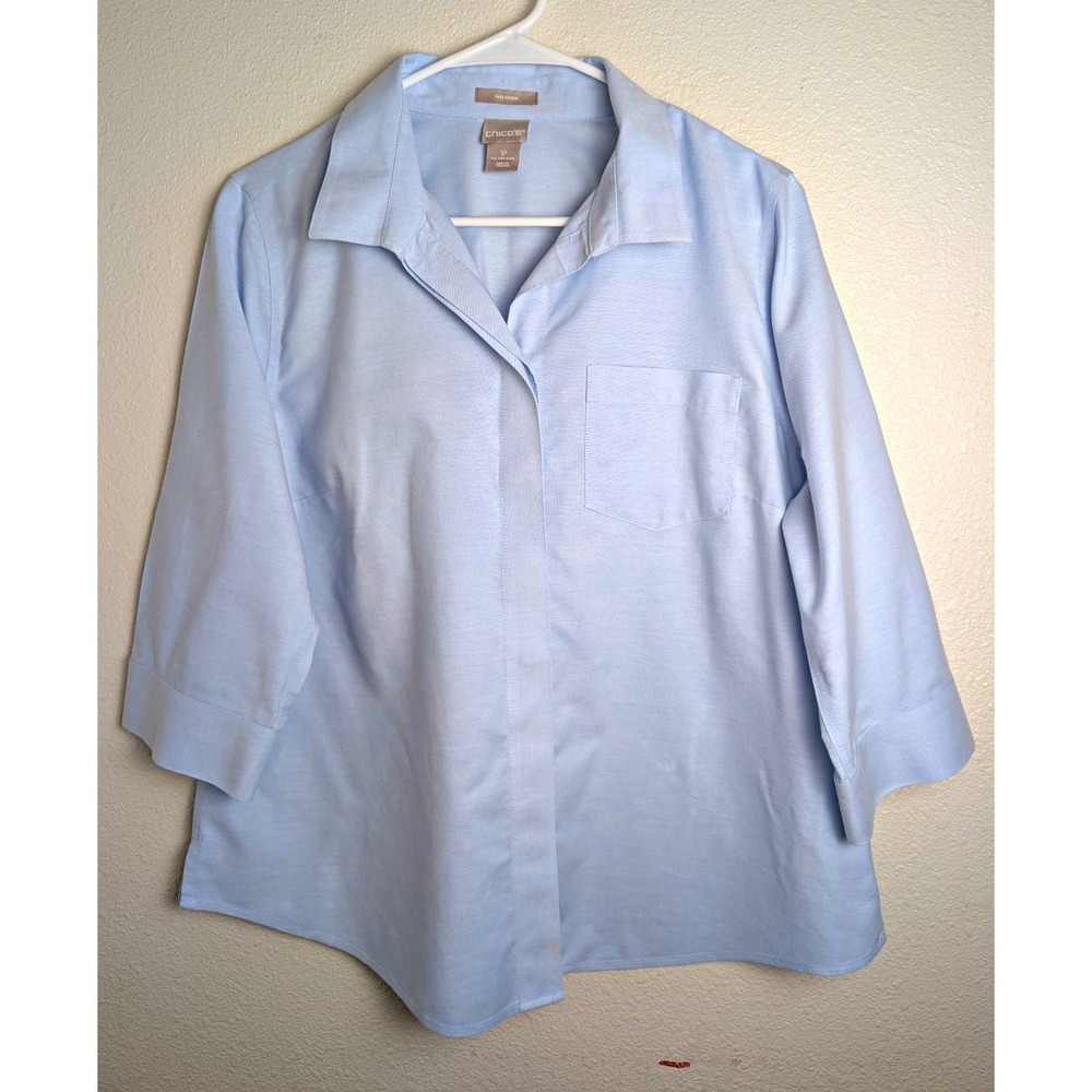 Chico's No Iron Women's Size 1P Light Blue 100% Cotton 3/4 Sleeve Button Shirt